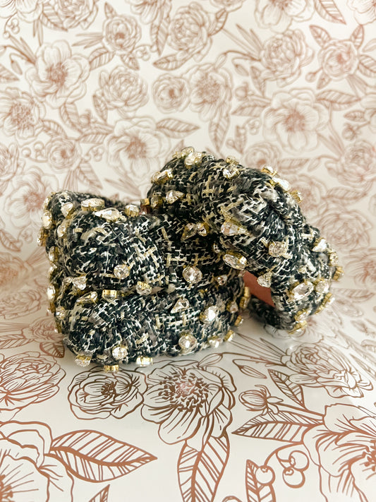 Black Jeweled Tweed Headband